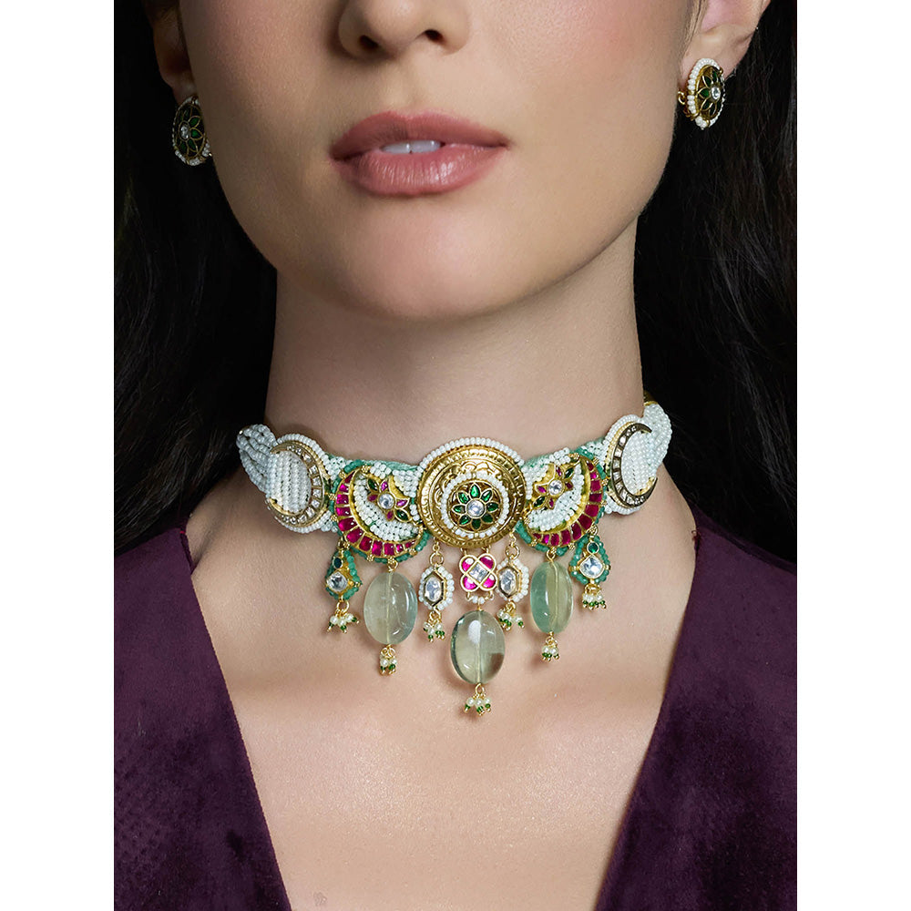 Joules By Radhika Multi-Color Sankalp Kundan Choker with Earrings