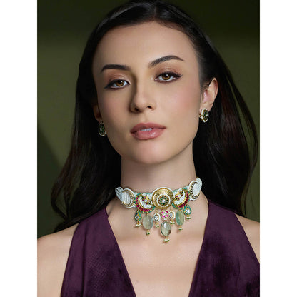 Joules By Radhika Multi-Color Sankalp Kundan Choker with Earrings