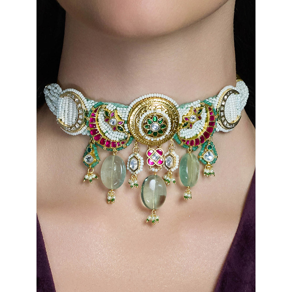 Joules By Radhika Multi-Color Sankalp Kundan Choker with Earrings