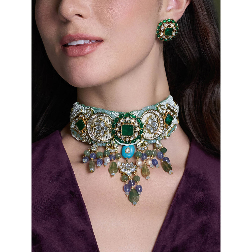 Joules By Radhika Multi-Color Saanvi Kundan Choker with Earrings