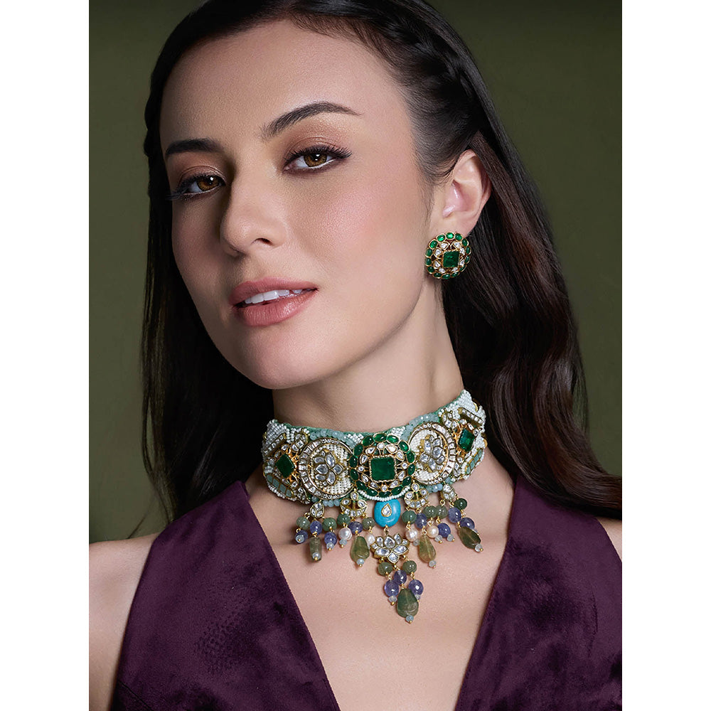 Joules By Radhika Multi-Color Saanvi Kundan Choker with Earrings