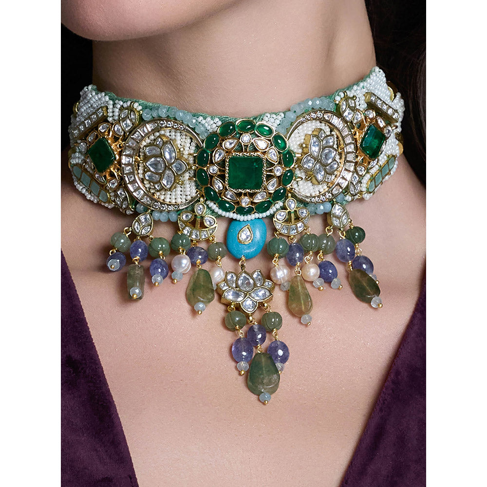 Joules By Radhika Multi-Color Saanvi Kundan Choker with Earrings
