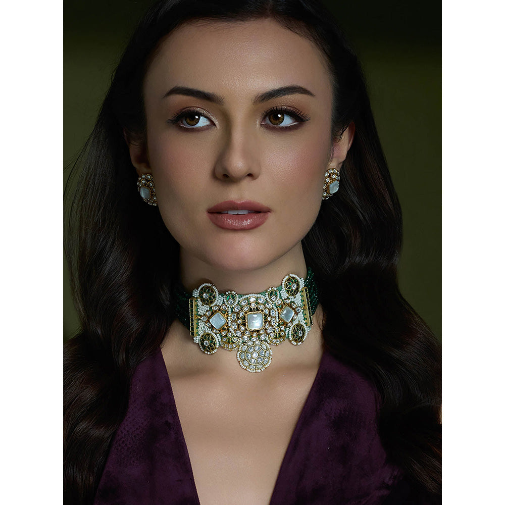 Joules By Radhika Multi-Color Meher Emerald Choker with Earrings