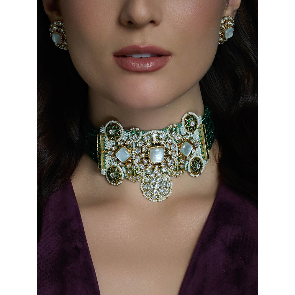 Joules By Radhika Multi-Color Meher Emerald Choker with Earrings