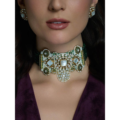 Joules By Radhika Multi-Color Meher Emerald Choker with Earrings