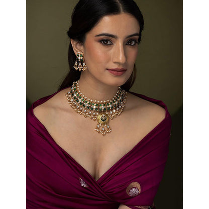 Joules By Radhika Green Stone Kundan Necklace Set With Pearl Drops