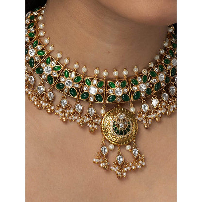 Joules By Radhika Green Stone Kundan Necklace Set With Pearl Drops