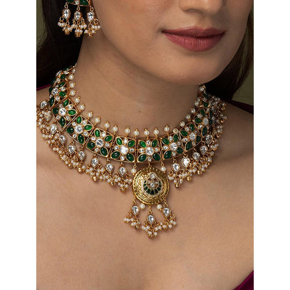 Joules By Radhika Green Stone Kundan Necklace Set With Pearl Drops