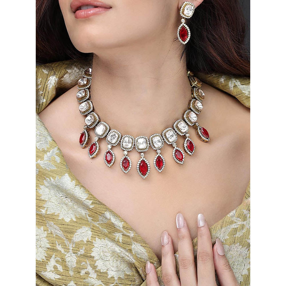 Joules By Radhika Ruby Teardrop Halo Necklace Set