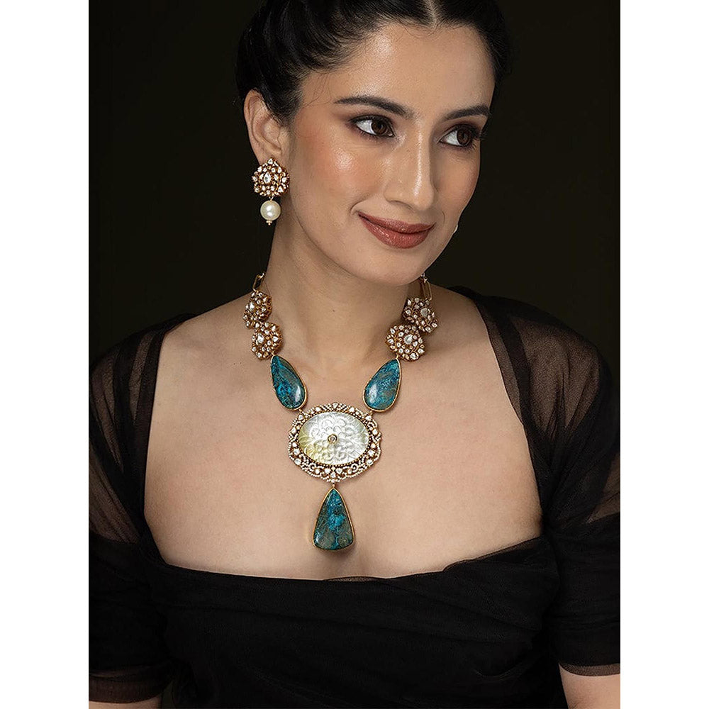 Joules By Radhika Light Blue Carved Stone Long Necklace Set