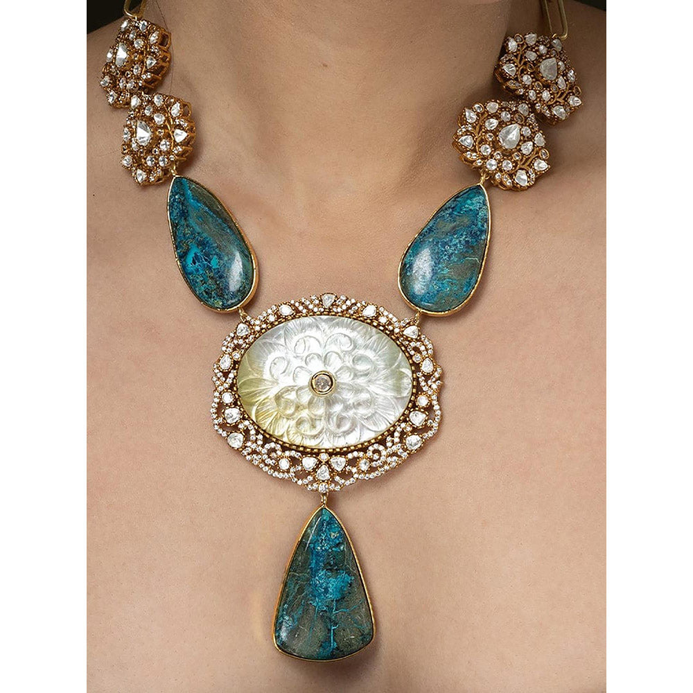 Joules By Radhika Light Blue Carved Stone Long Necklace Set