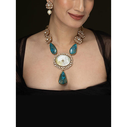 Joules By Radhika Light Blue Carved Stone Long Necklace Set