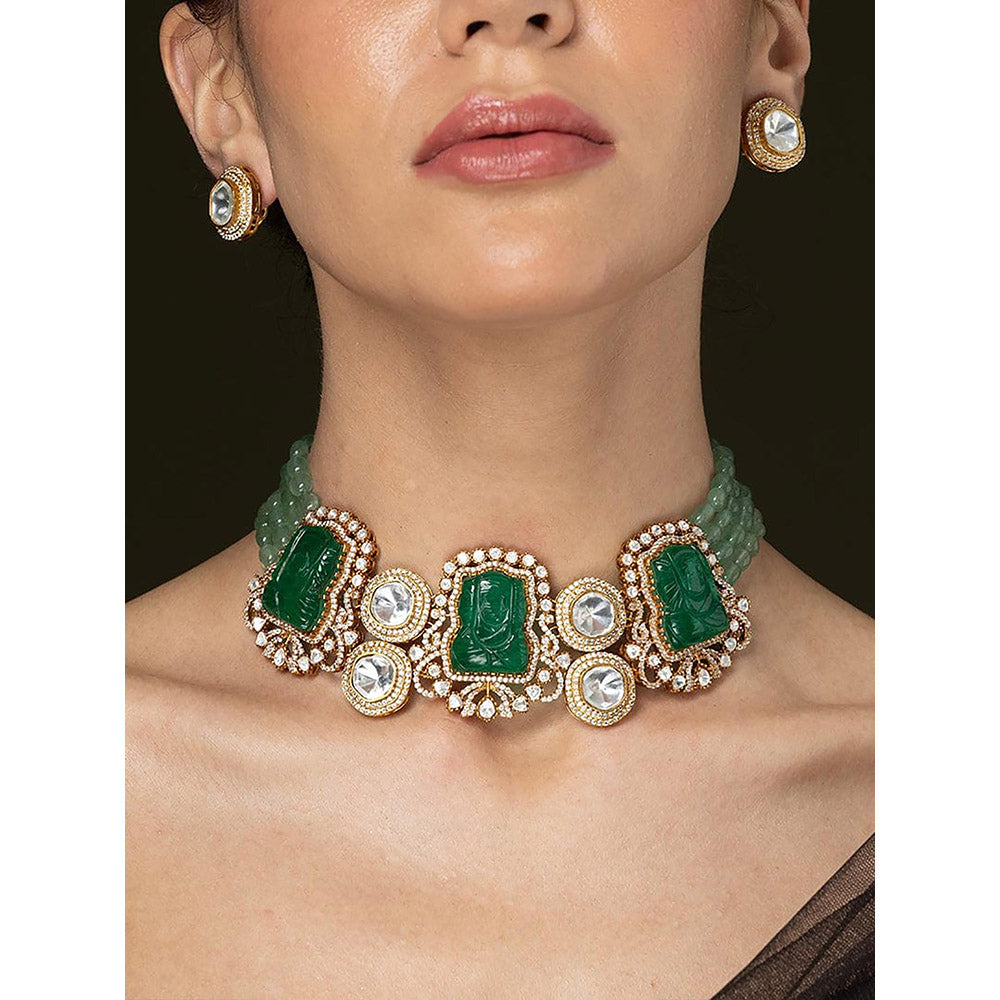 Joules By Radhika Mint Green Bead & Carved Green Stone Necklace Set