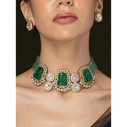 Joules By Radhika Mint Green Bead & Carved Green Stone Necklace Set