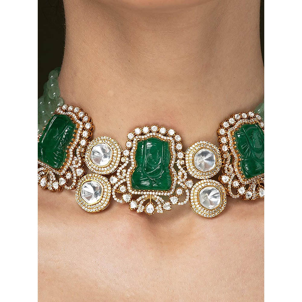 Joules By Radhika Mint Green Bead & Carved Green Stone Necklace Set