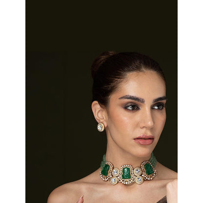 Joules By Radhika Mint Green Bead & Carved Green Stone Necklace Set