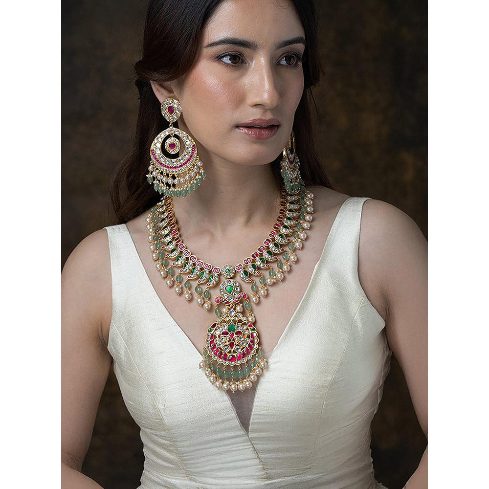 Joules By Radhika Peacock Feathers Long Necklace Set With Changeable Pendant