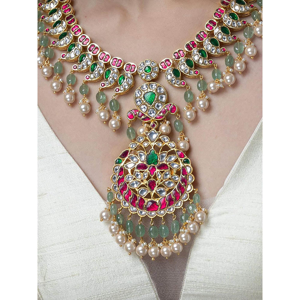 Joules By Radhika Peacock Feathers Long Necklace Set With Changeable Pendant