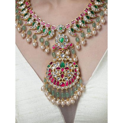 Joules By Radhika Peacock Feathers Long Necklace Set With Changeable Pendant