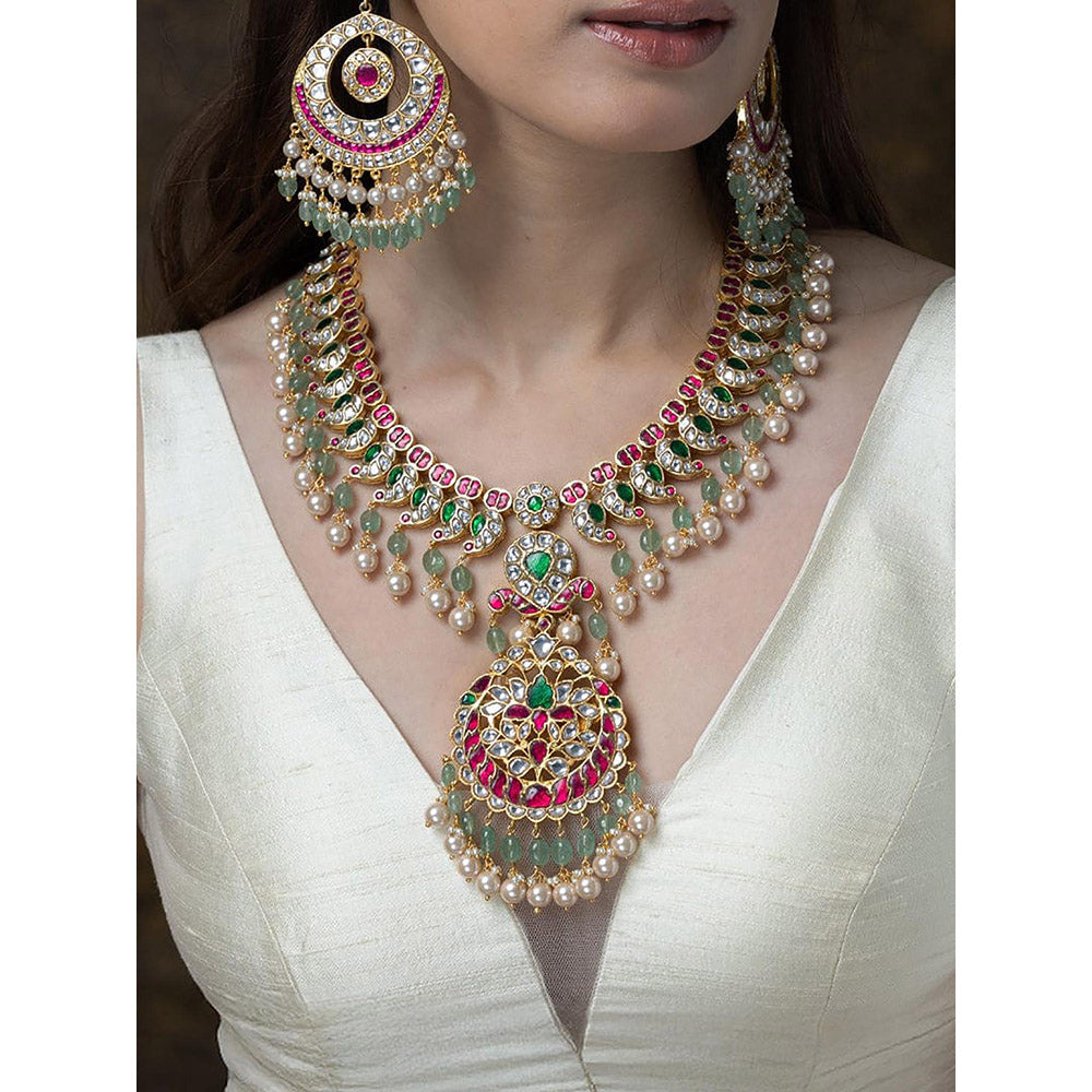 Joules By Radhika Peacock Feathers Long Necklace Set With Changeable Pendant
