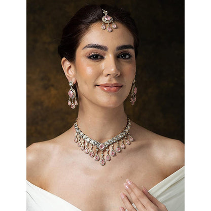Joules By Radhika Pink Pearl & Emerald Carved Stone Necklace With Pair Earrings And Maangtikka