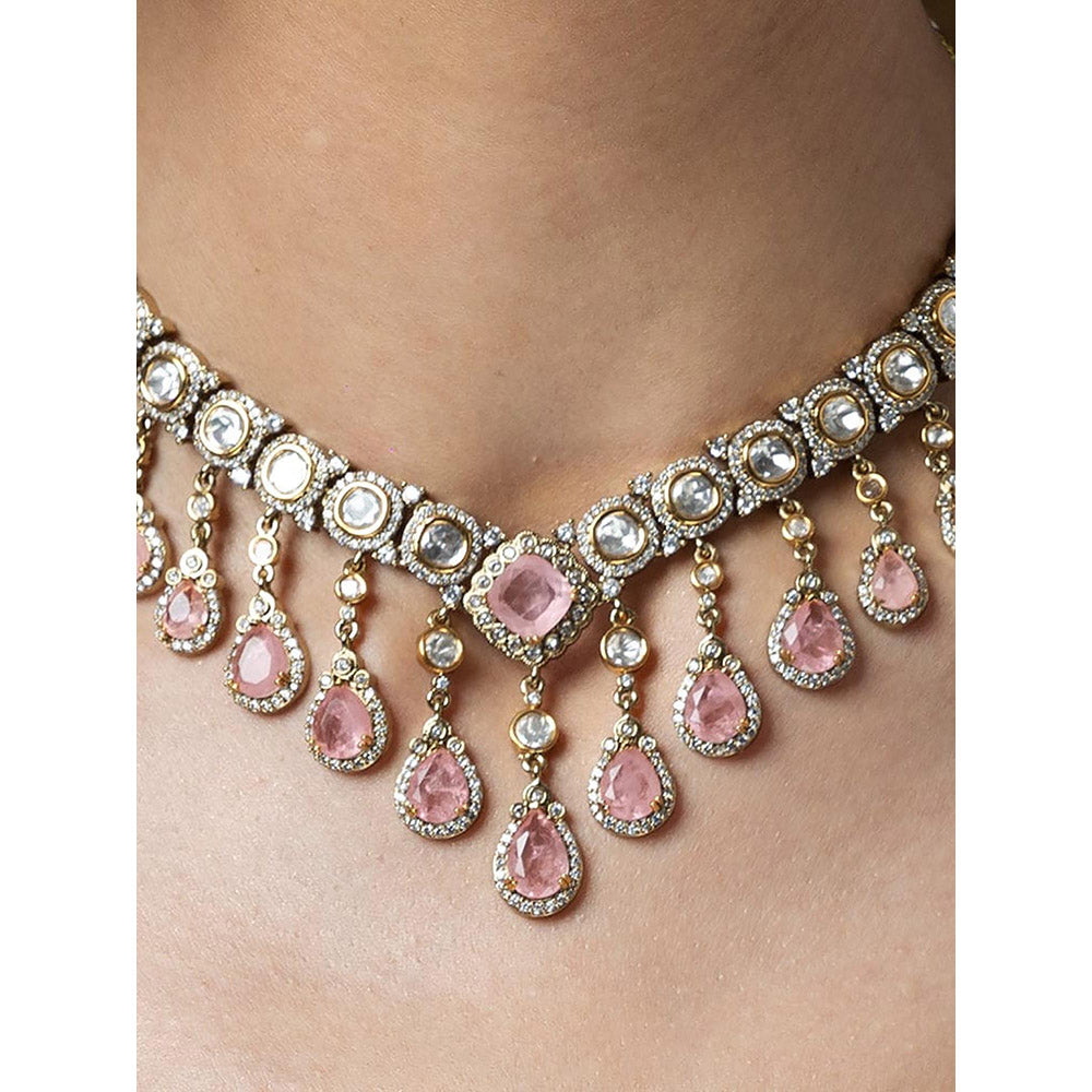 Joules By Radhika Pink Pearl & Emerald Carved Stone Necklace With Pair Earrings And Maangtikka