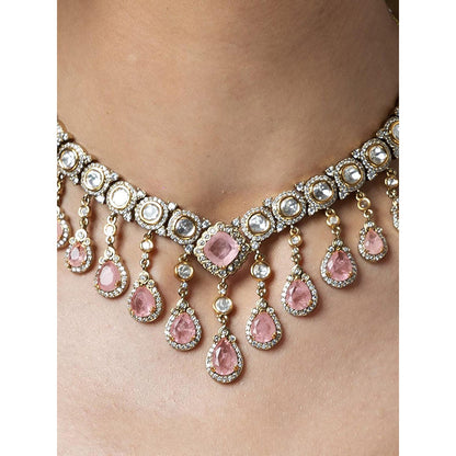 Joules By Radhika Pink Pearl & Emerald Carved Stone Necklace With Pair Earrings And Maangtikka