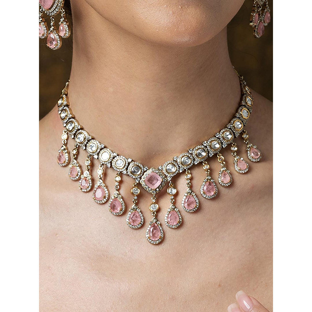 Joules By Radhika Pink Pearl & Emerald Carved Stone Necklace With Pair Earrings And Maangtikka
