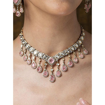 Joules By Radhika Pink Pearl & Emerald Carved Stone Necklace With Pair Earrings And Maangtikka