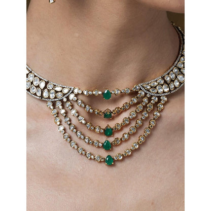 Joules By Radhika Emerald Cascade Polki & Stone Necklace Set