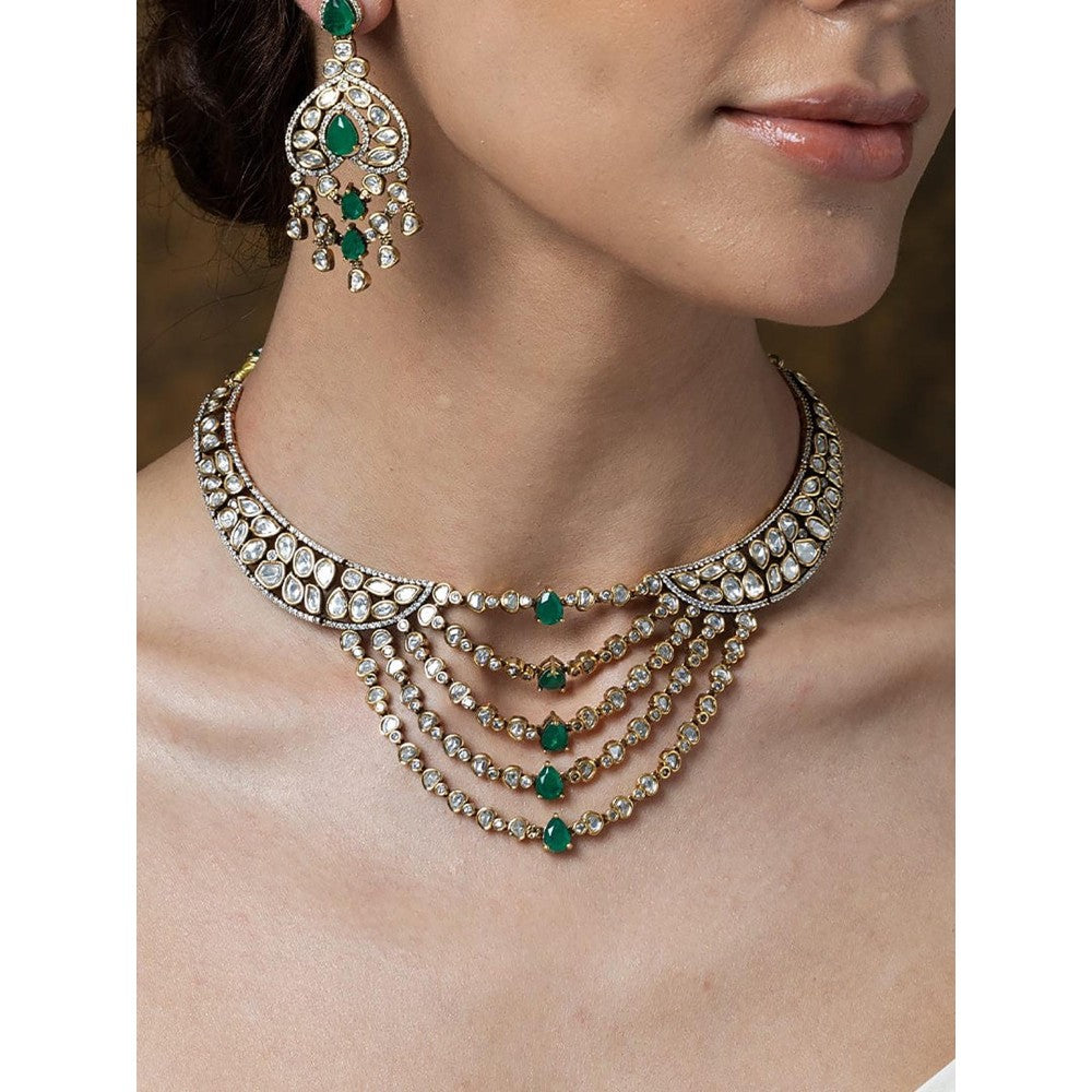 Joules By Radhika Emerald Cascade Polki & Stone Necklace Set