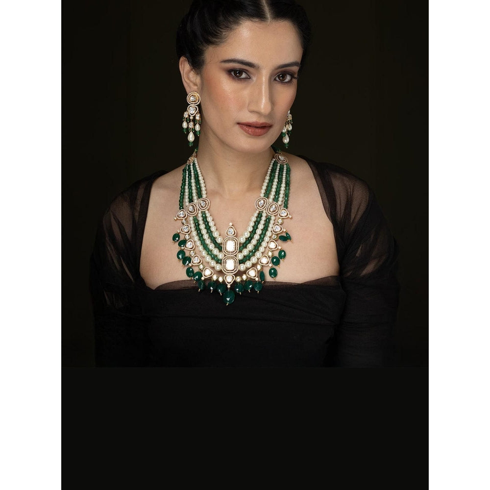 Joules By Radhika Kundan Multi-Layered Drop Green Stone Choker Necklace Set