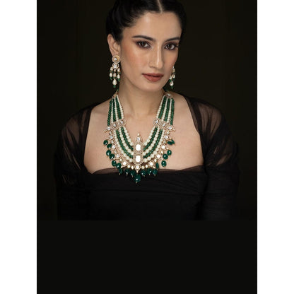 Joules By Radhika Kundan Multi-Layered Drop Green Stone Choker Necklace Set