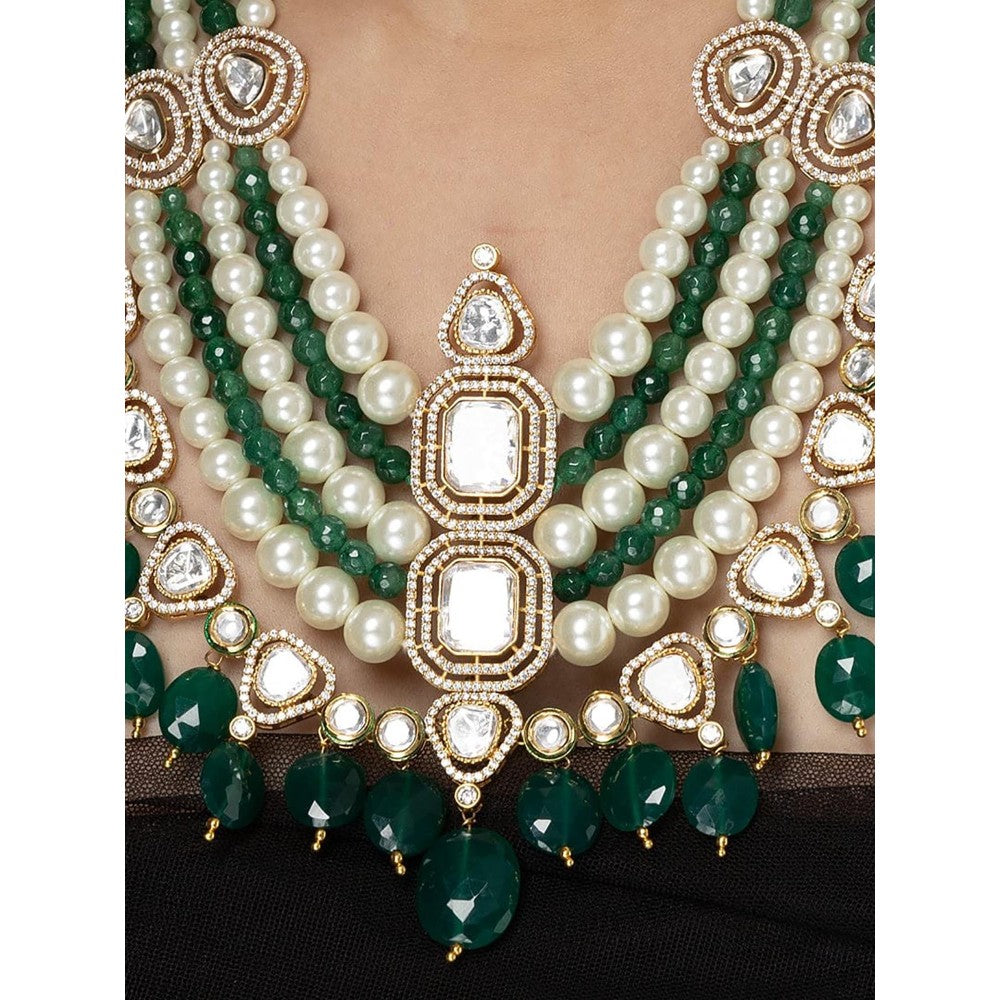 Joules By Radhika Kundan Multi-Layered Drop Green Stone Choker Necklace Set