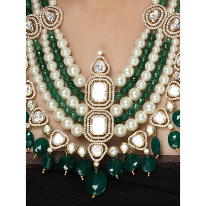 Joules By Radhika Kundan Multi-Layered Drop Green Stone Choker Necklace Set