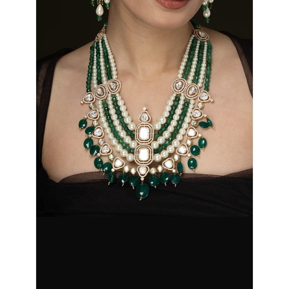 Joules By Radhika Kundan Multi-Layered Drop Green Stone Choker Necklace Set
