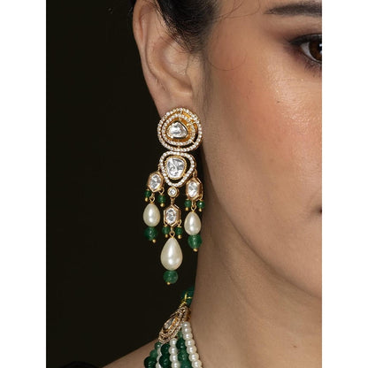 Joules By Radhika Kundan Multi-Layered Drop Green Stone Choker Necklace Set