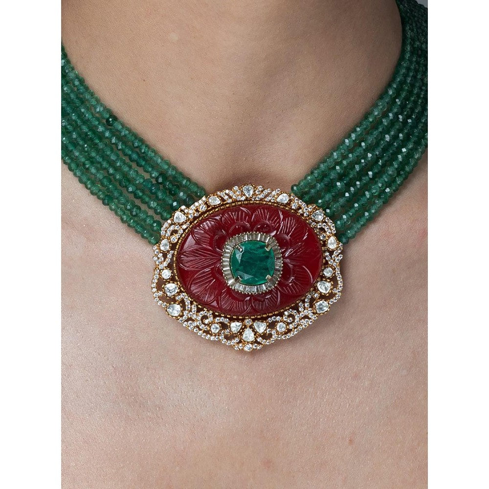 Joules By Radhika Multi-Strand Green Onyx & Red Stone Pendant Necklace Set