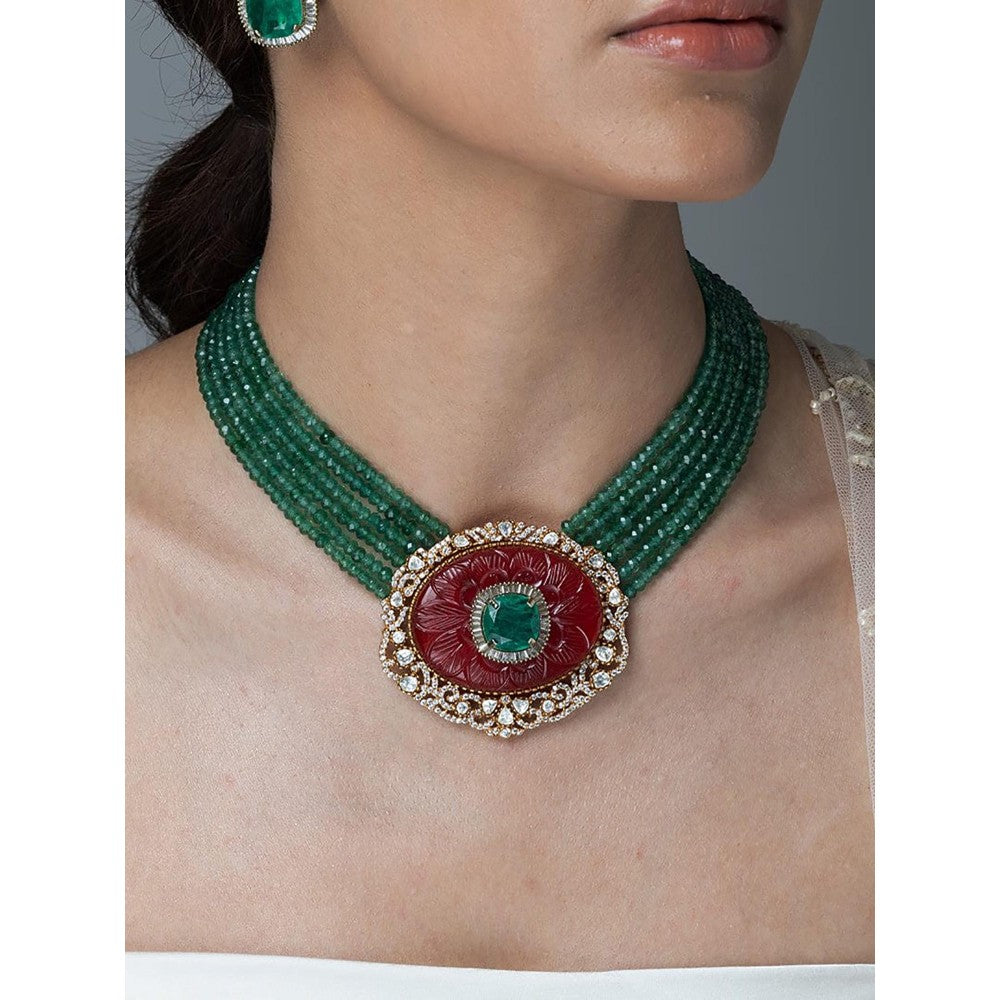 Joules By Radhika Multi-Strand Green Onyx & Red Stone Pendant Necklace Set