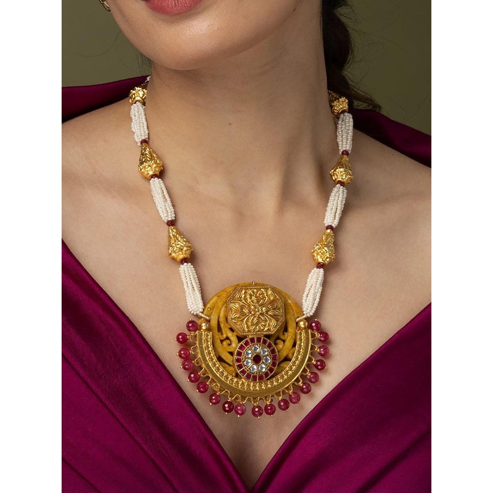 Joules By Radhika Gold Plated Medallion & Pearl Long Necklace Set