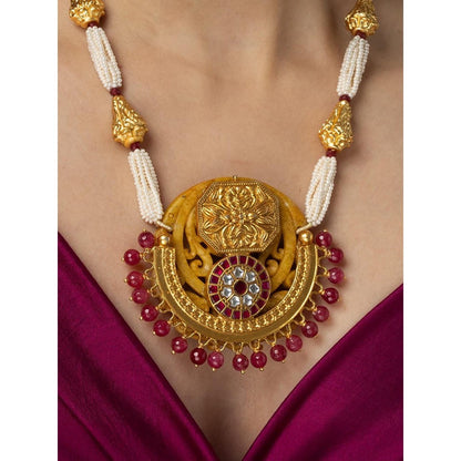 Joules By Radhika Gold Plated Medallion & Pearl Long Necklace Set