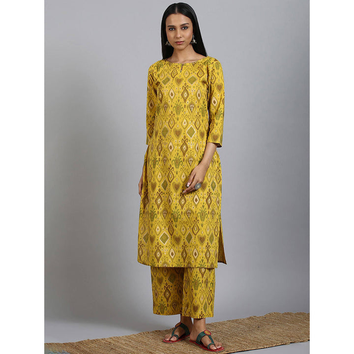 Janasya Yellow Cotton Ikkat Kurta with Palazzo (Set of 2)