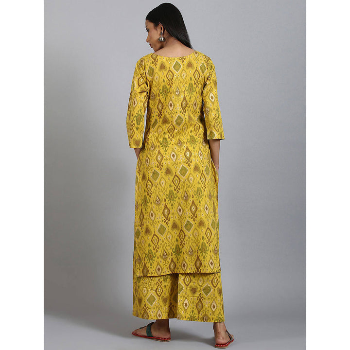 Janasya Yellow Cotton Ikkat Kurta with Palazzo (Set of 2)