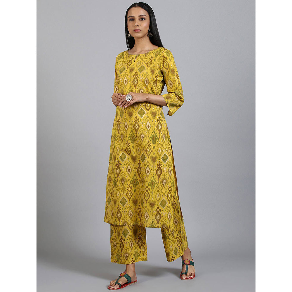 Janasya Yellow Cotton Ikkat Kurta with Palazzo (Set of 2)