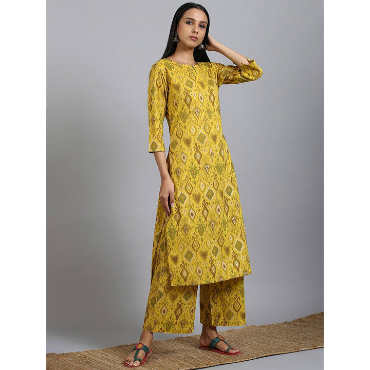 Janasya Yellow Cotton Ikkat Kurta with Palazzo (Set of 2)