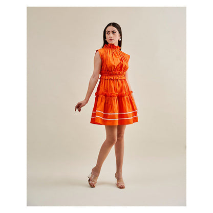 Juhi Nanda Orange Pleated Dress With Lace Detailing