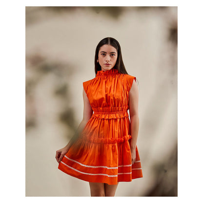 Juhi Nanda Orange Pleated Dress With Lace Detailing