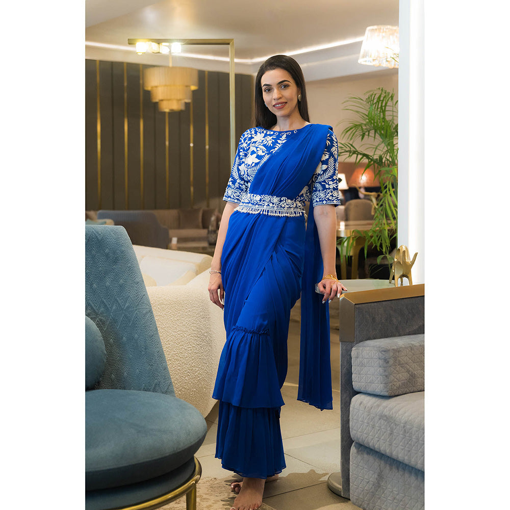 JUHI NANDA Zaina Gaara Ruffle Pant with Saree and Stitched Blouse Belt