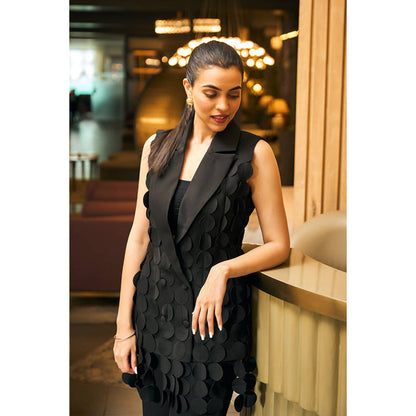 JUHI NANDA Crepe Black Notched Lapel Sleeveless Top with Pant Co-Ord Set