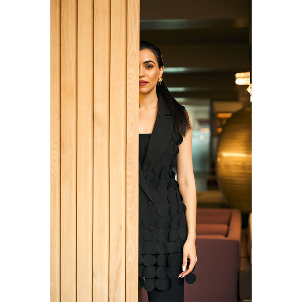 JUHI NANDA Crepe Black Notched Lapel Sleeveless Top with Pant Co-Ord Set